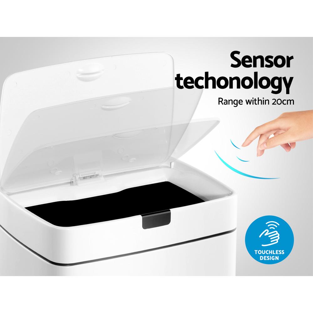 Devanti 45L Sensor Bin in white, featuring a sleek design and motion sensor lid for hands-free operation.