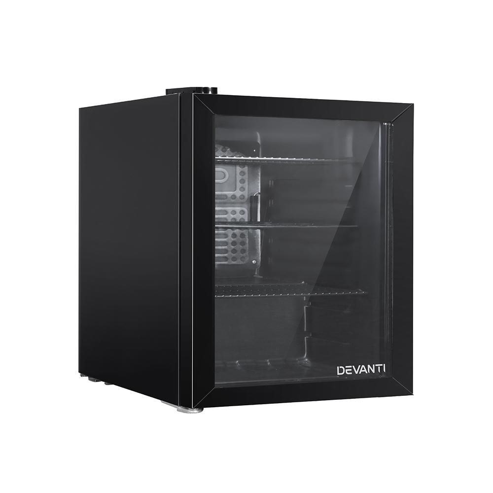 Devanti 46L Glass Door Bar Fridge with adjustable shelves and double-glazed door, perfect for compact spaces.