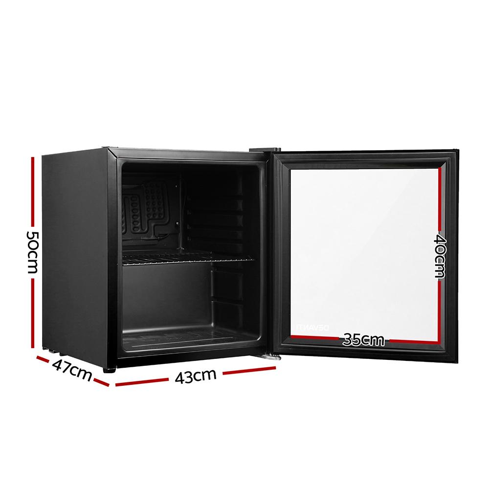 Devanti 46L Glass Door Bar Fridge with adjustable shelves and double-glazed door, perfect for compact spaces.