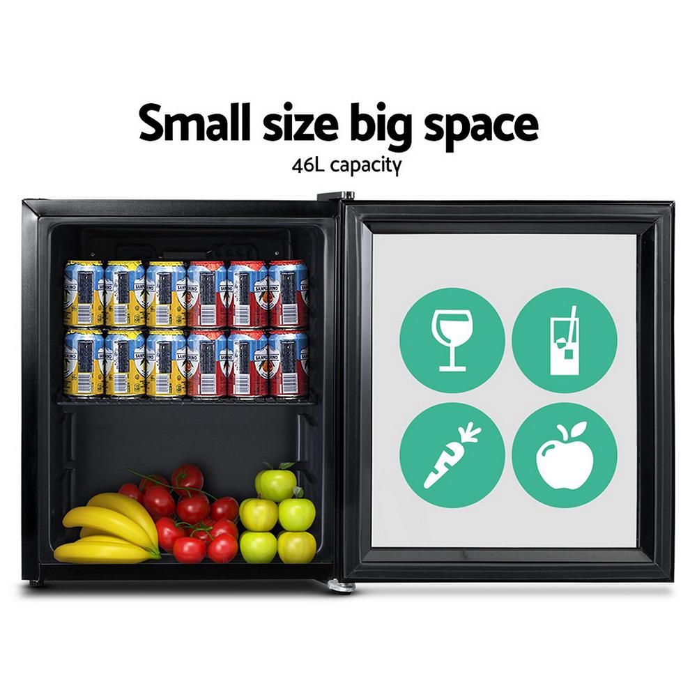 Devanti 46L Glass Door Bar Fridge with adjustable shelves and double-glazed door, perfect for compact spaces.