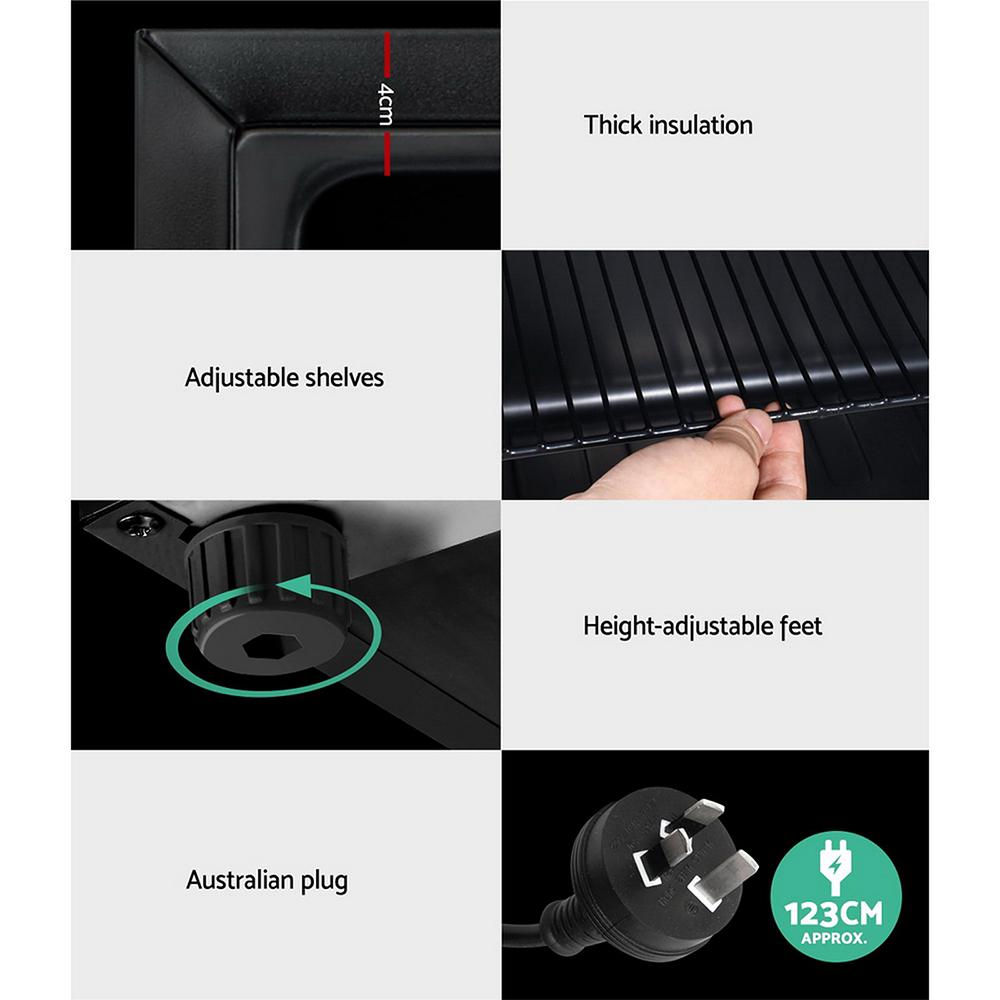 Devanti 46L Glass Door Bar Fridge with adjustable shelves and double-glazed door, perfect for compact spaces.