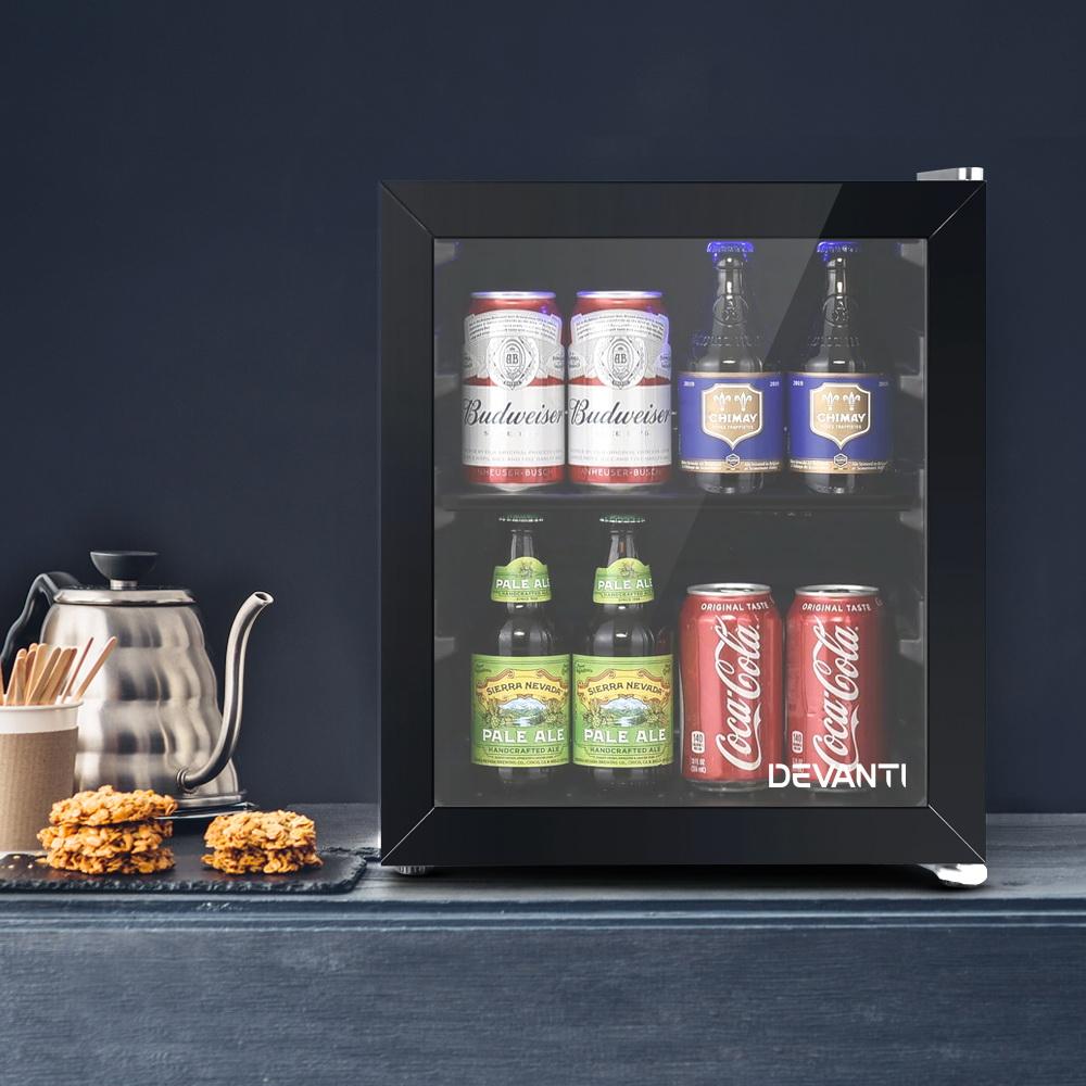 Devanti 46L Glass Door Bar Fridge with adjustable shelves and double-glazed door, perfect for compact spaces.