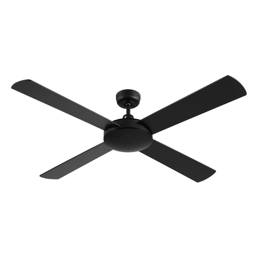 Devanti 52-inch black ceiling fan with remote control, featuring four wooden blades and a modern design for indoor and undercover outdoor use.