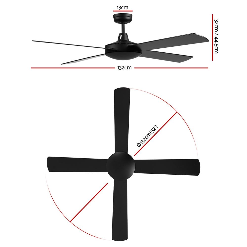 Devanti 52-inch black ceiling fan with remote control, featuring four wooden blades and a modern design for indoor and undercover outdoor use.