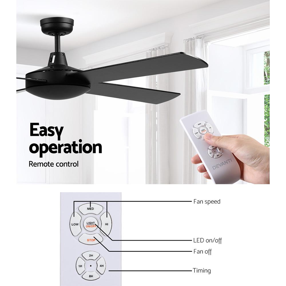 Devanti 52-inch black ceiling fan with remote control, featuring four wooden blades and a modern design for indoor and undercover outdoor use.