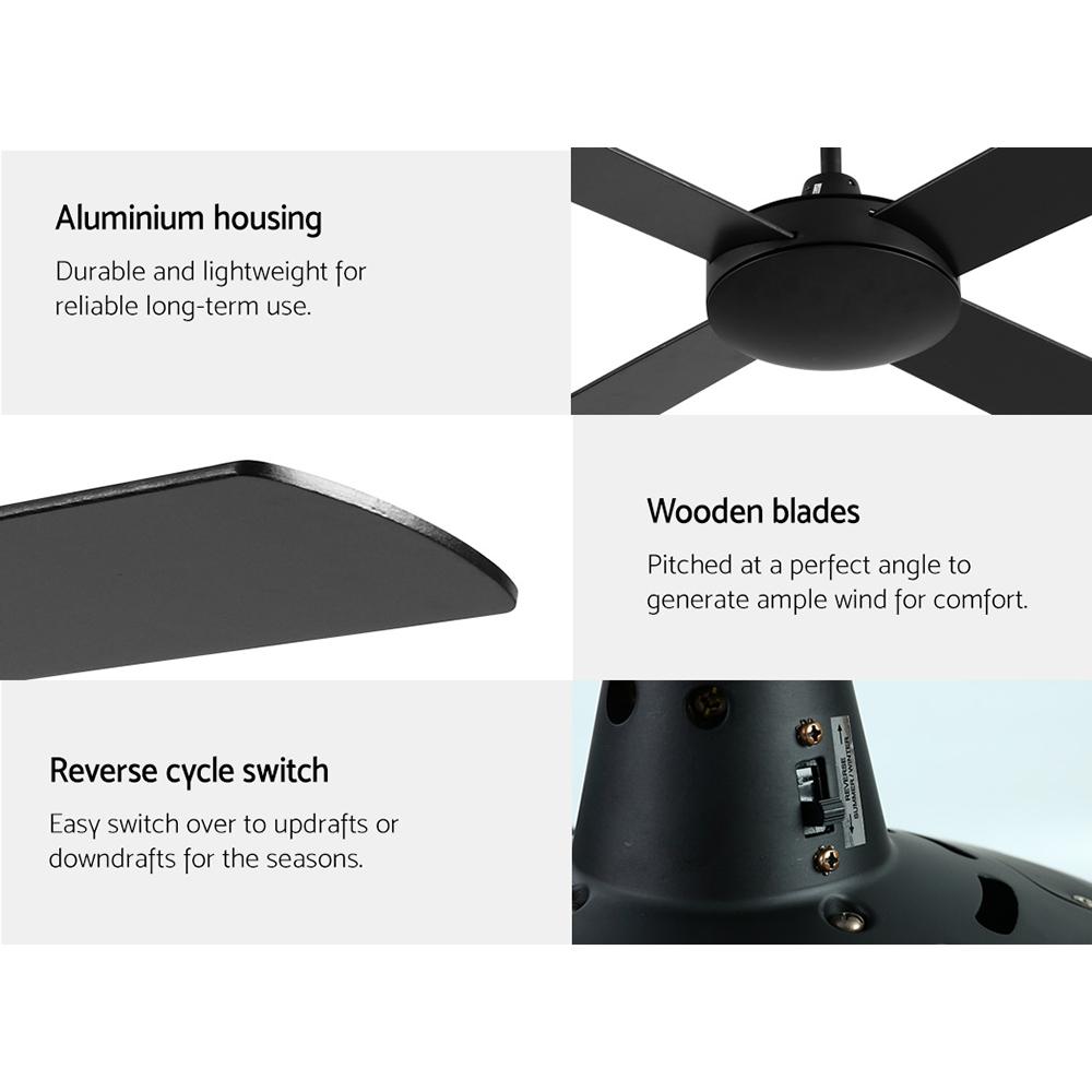 Devanti 52-inch black ceiling fan with remote control, featuring four wooden blades and a modern design for indoor and undercover outdoor use.
