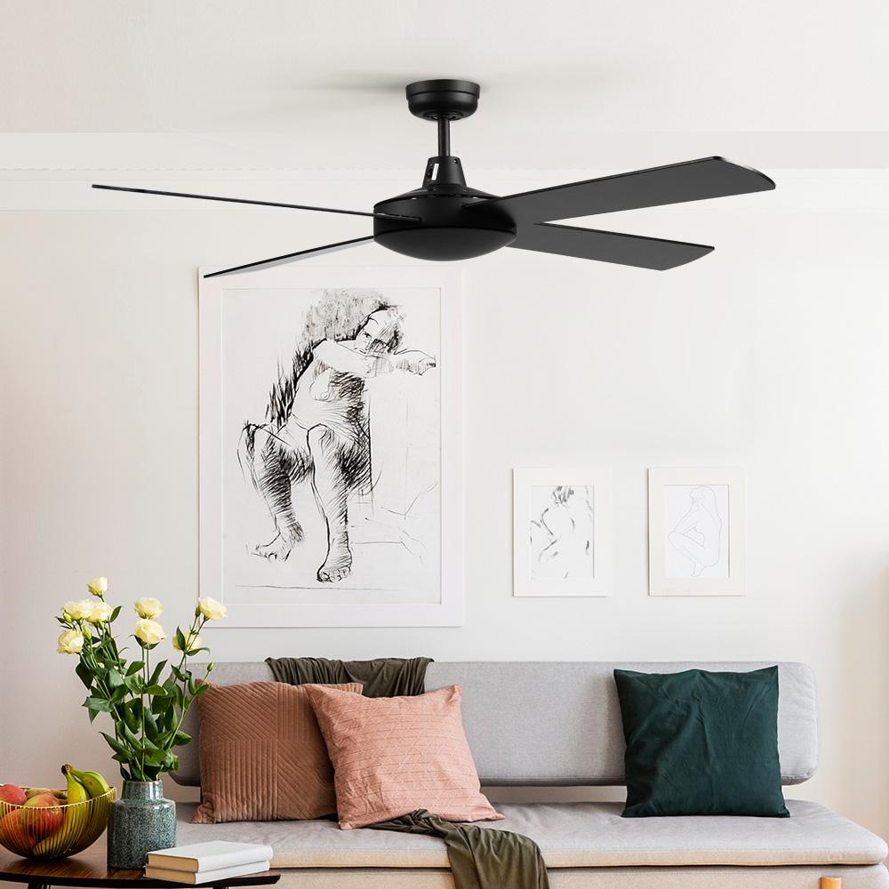Devanti 52-inch black ceiling fan with remote control, featuring four wooden blades and a modern design for indoor and undercover outdoor use.