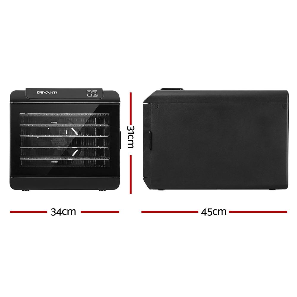 Devanti 6 Tray Food Dehydrator in black with stainless steel trays, showcasing its transparent door and LCD control panel.