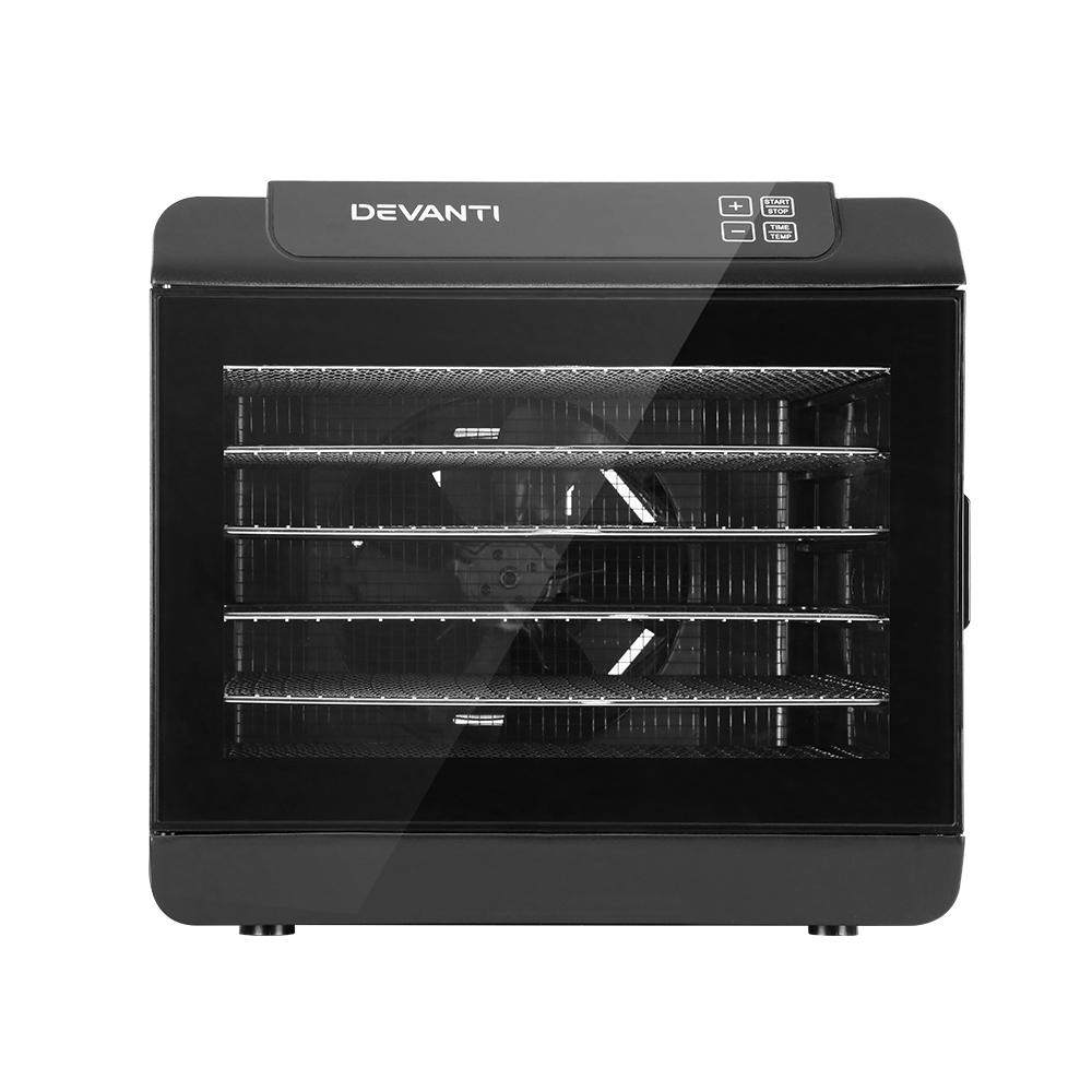 Devanti 6 Tray Food Dehydrator in black with stainless steel trays, showcasing its transparent door and LCD control panel.
