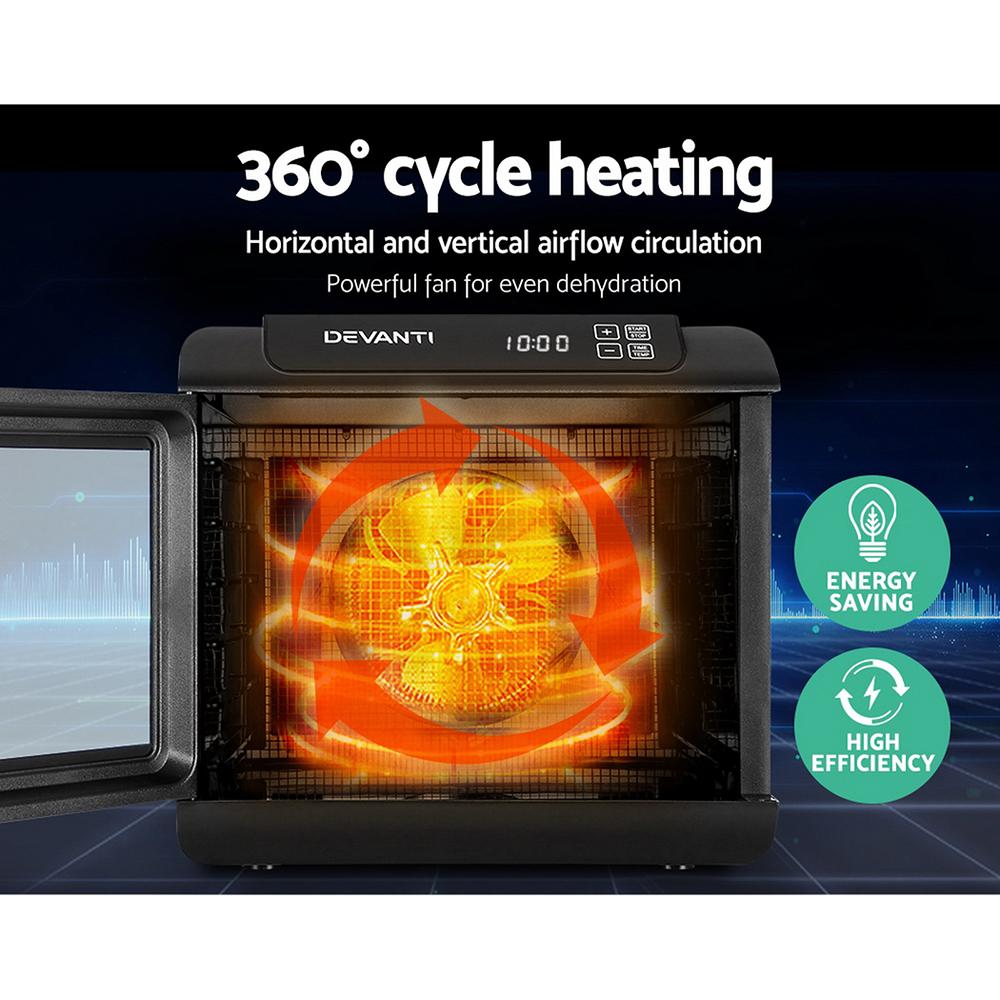 Devanti 6 Tray Food Dehydrator in black with stainless steel trays, showcasing its transparent door and LCD control panel.