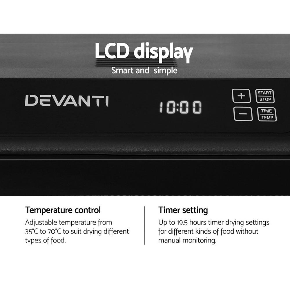 Devanti 6 Tray Food Dehydrator in black with stainless steel trays, showcasing its transparent door and LCD control panel.