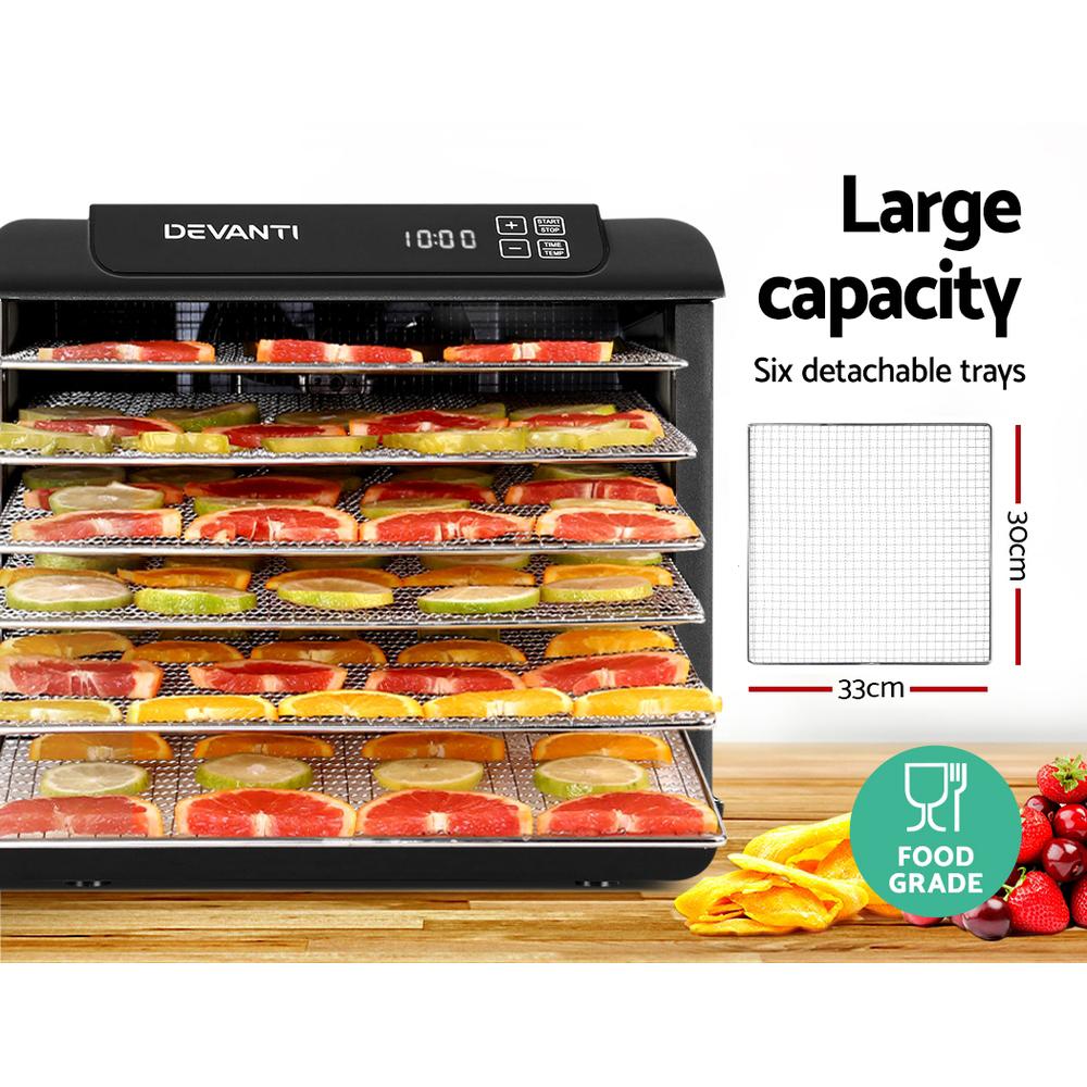 Devanti 6 Tray Food Dehydrator in black with stainless steel trays, showcasing its transparent door and LCD control panel.