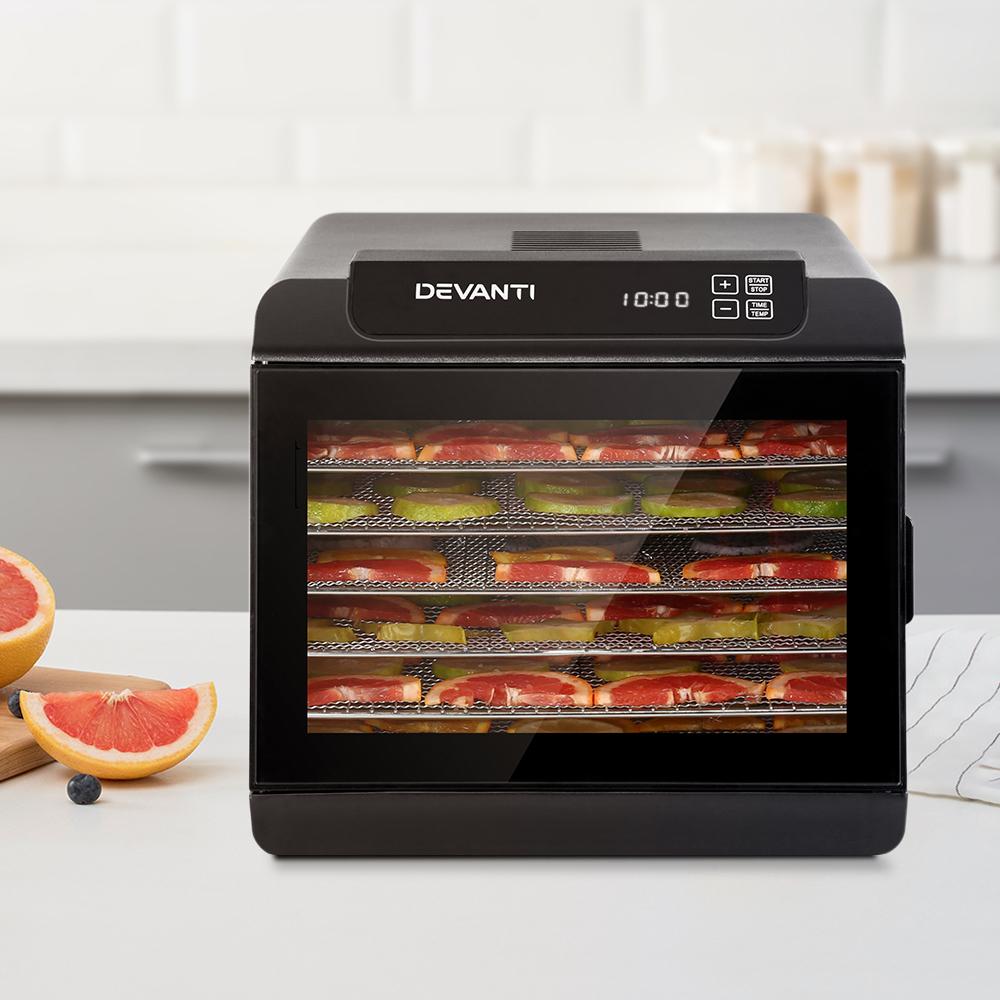 Devanti 6 Tray Food Dehydrator in black with stainless steel trays, showcasing its transparent door and LCD control panel.
