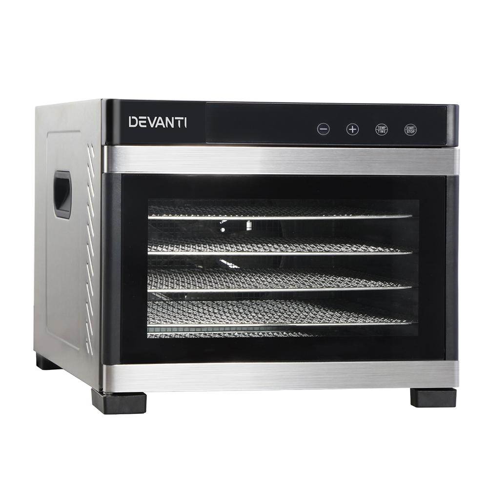 DEVANTi 6 Trays Commercial Food Dehydrator with stainless steel body and trays, featuring an LCD touch control panel and transparent door.
