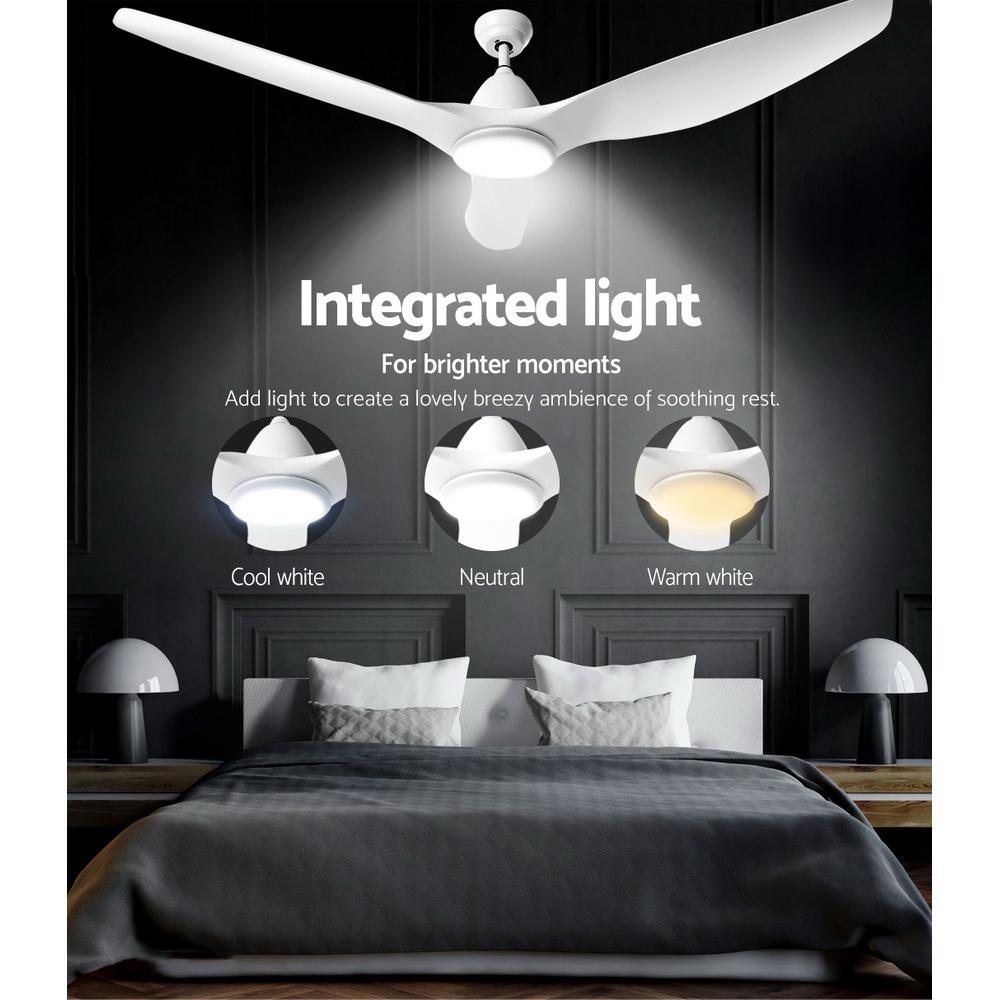 Devanti 64'' DC Motor Ceiling Fan with LED light and remote control, showcasing its sleek design and modern features.
