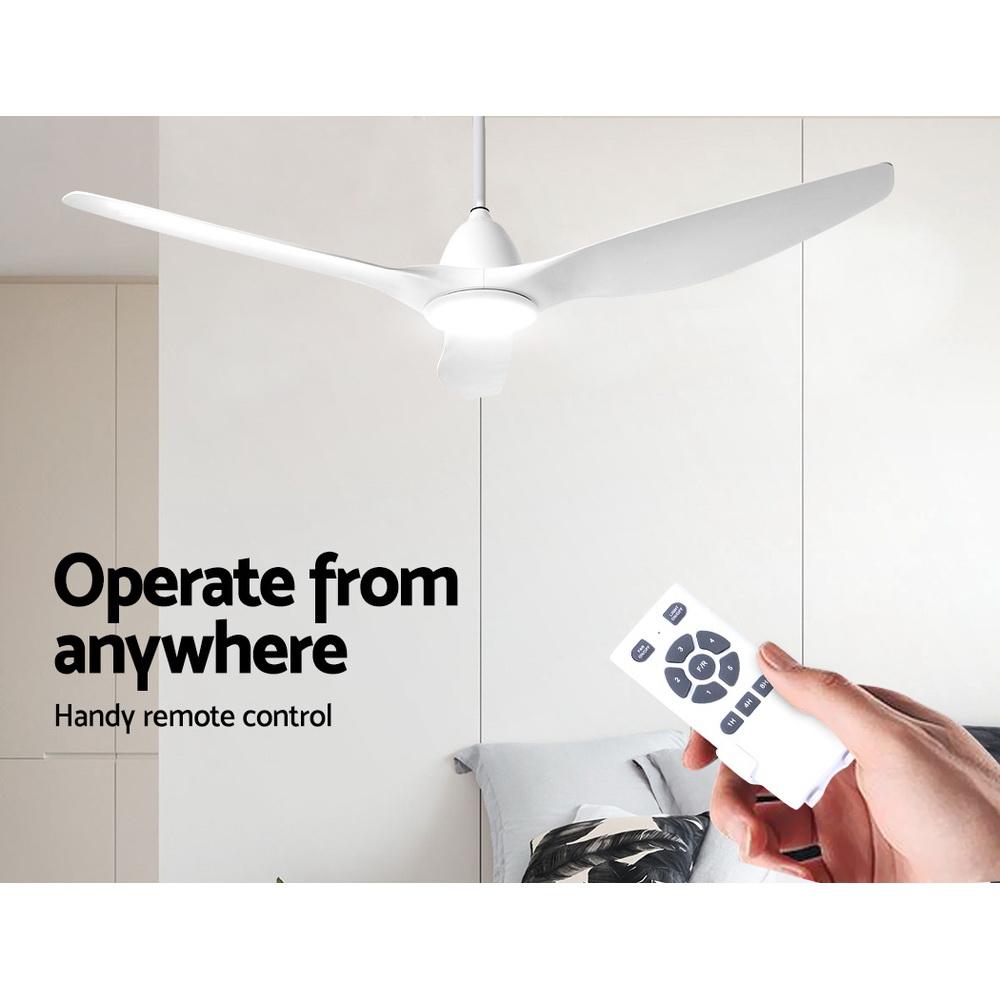 Devanti 64'' DC Motor Ceiling Fan with LED light and remote control, showcasing its sleek design and modern features.
