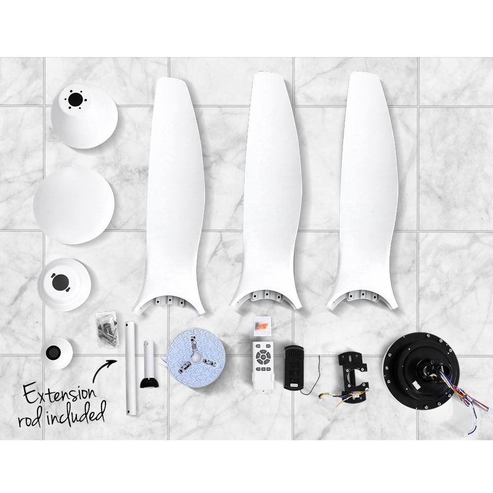 Devanti 64'' DC Motor Ceiling Fan with LED light and remote control, showcasing its sleek design and modern features.