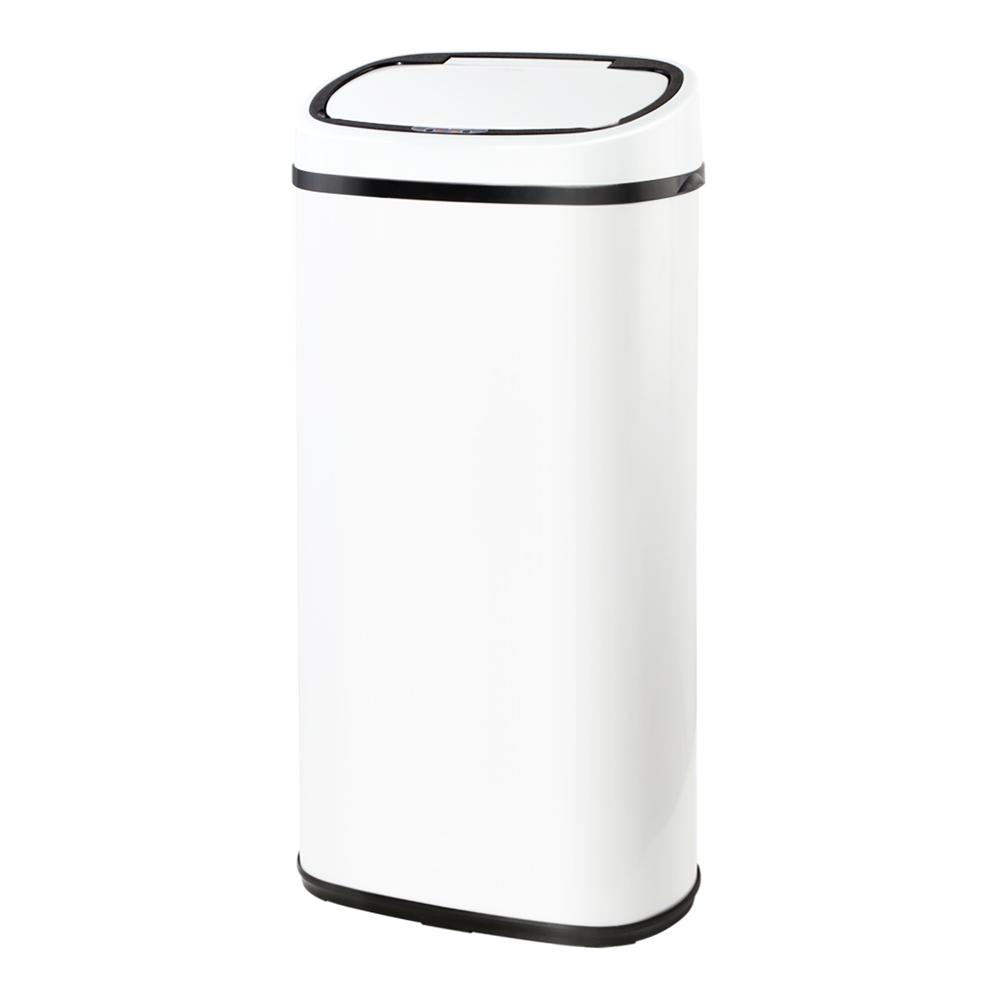 Devanti 68L Motion Sensor Bin in white, showcasing its sleek design and fingerprint-resistant steel body.