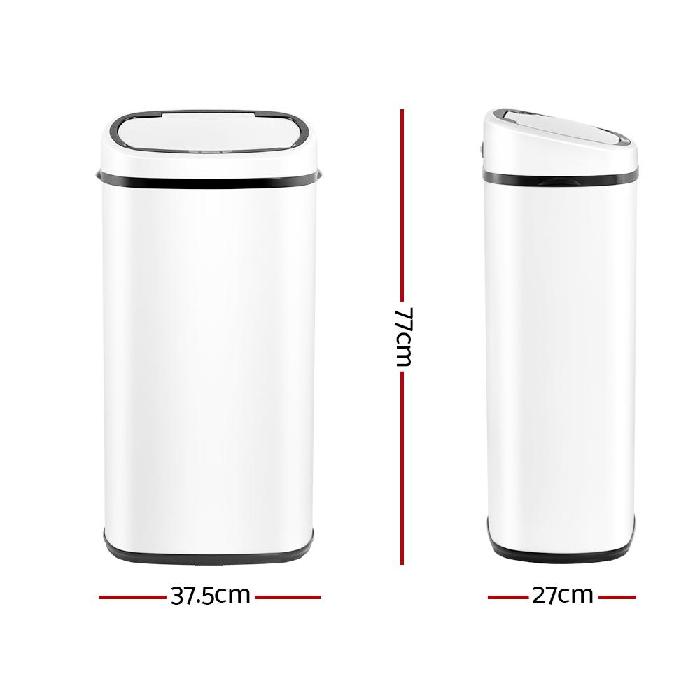 Devanti 68L Motion Sensor Bin in white, showcasing its sleek design and fingerprint-resistant steel body.