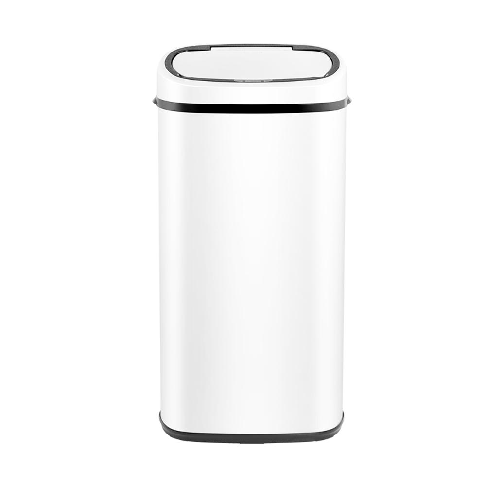 Devanti 68L Motion Sensor Bin in white, showcasing its sleek design and fingerprint-resistant steel body.