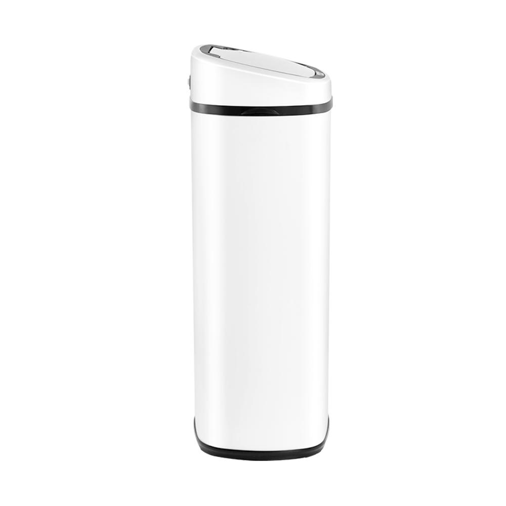 Devanti 68L Motion Sensor Bin in white, showcasing its sleek design and fingerprint-resistant steel body.