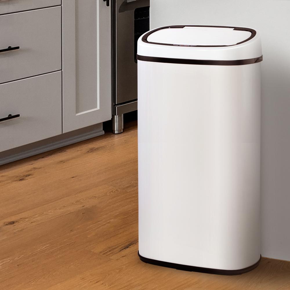 Devanti 68L Motion Sensor Bin in white, showcasing its sleek design and fingerprint-resistant steel body.