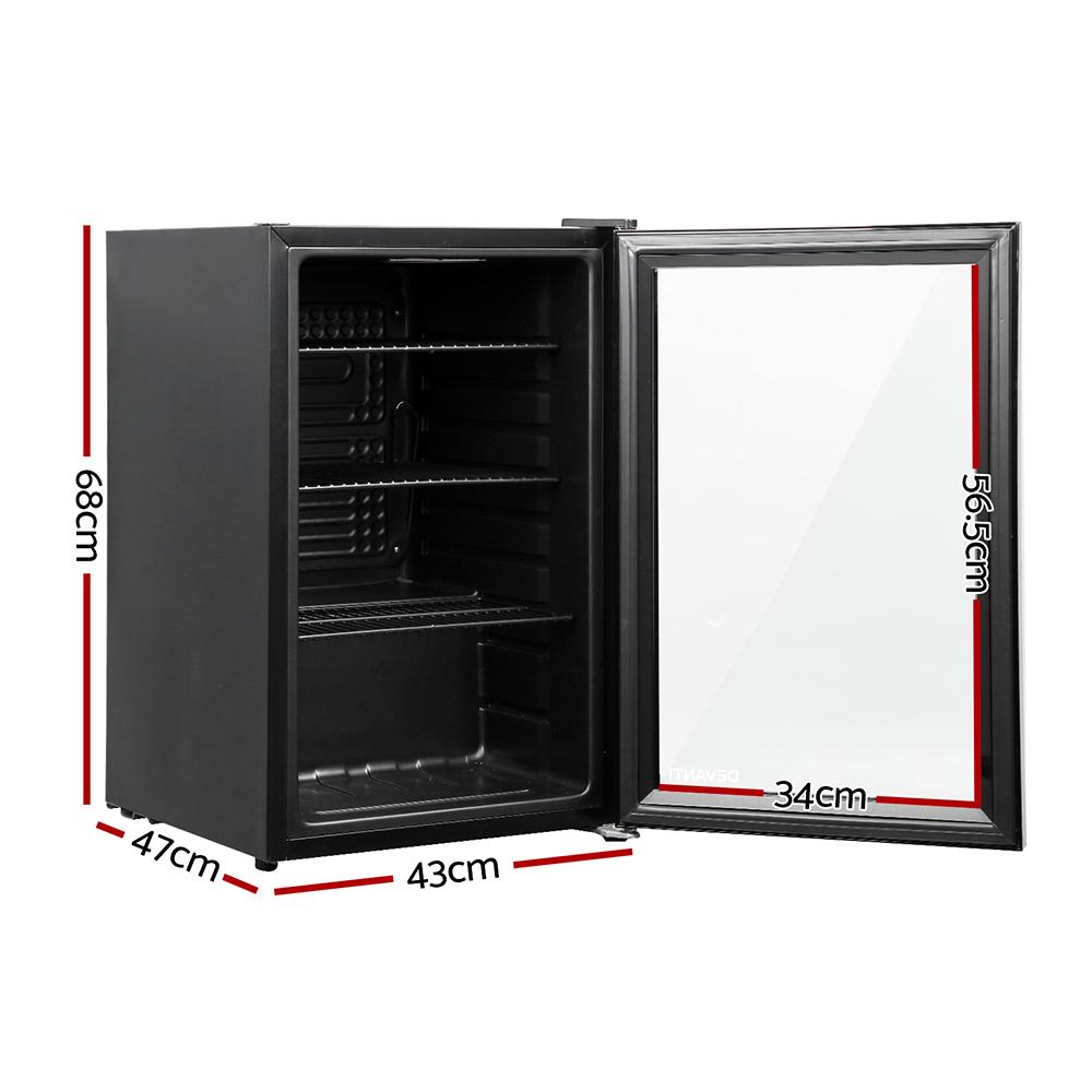 Devanti 70L Bar Fridge with glass door and adjustable shelves, perfect for chilling beverages and food in compact spaces.
