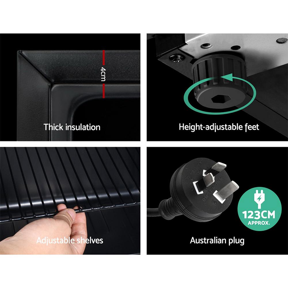 Devanti 70L Bar Fridge with glass door and adjustable shelves, perfect for chilling beverages and food in compact spaces.