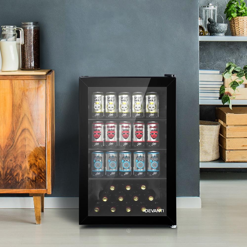 Devanti 70L Bar Fridge with glass door and adjustable shelves, perfect for chilling beverages and food in compact spaces.
