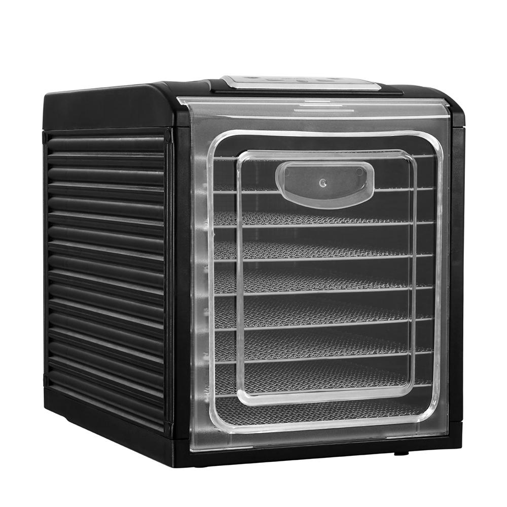 Devanti 9 Tray Food Dehydrator in black with stainless steel trays, showcasing its transparent door and LCD control panel.