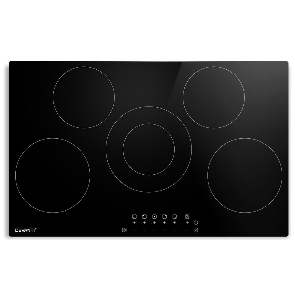 Devanti 90cm Ceramic Cooktop featuring 5 burners and a sleek black glass surface, designed for efficient and safe cooking.