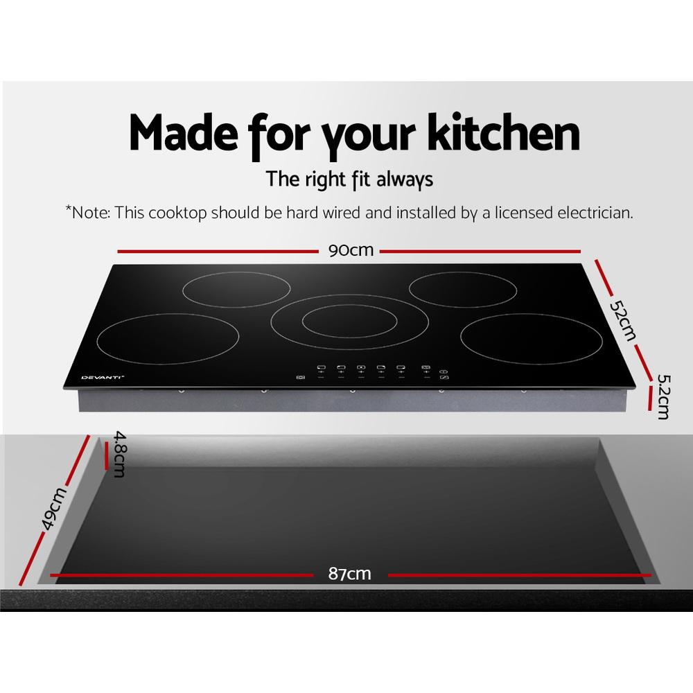 Devanti 90cm Ceramic Cooktop featuring 5 burners and a sleek black glass surface, designed for efficient and safe cooking.