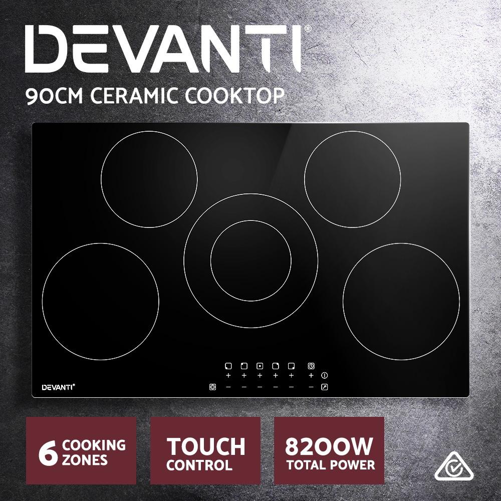 Devanti 90cm Ceramic Cooktop featuring 5 burners and a sleek black glass surface, designed for efficient and safe cooking.