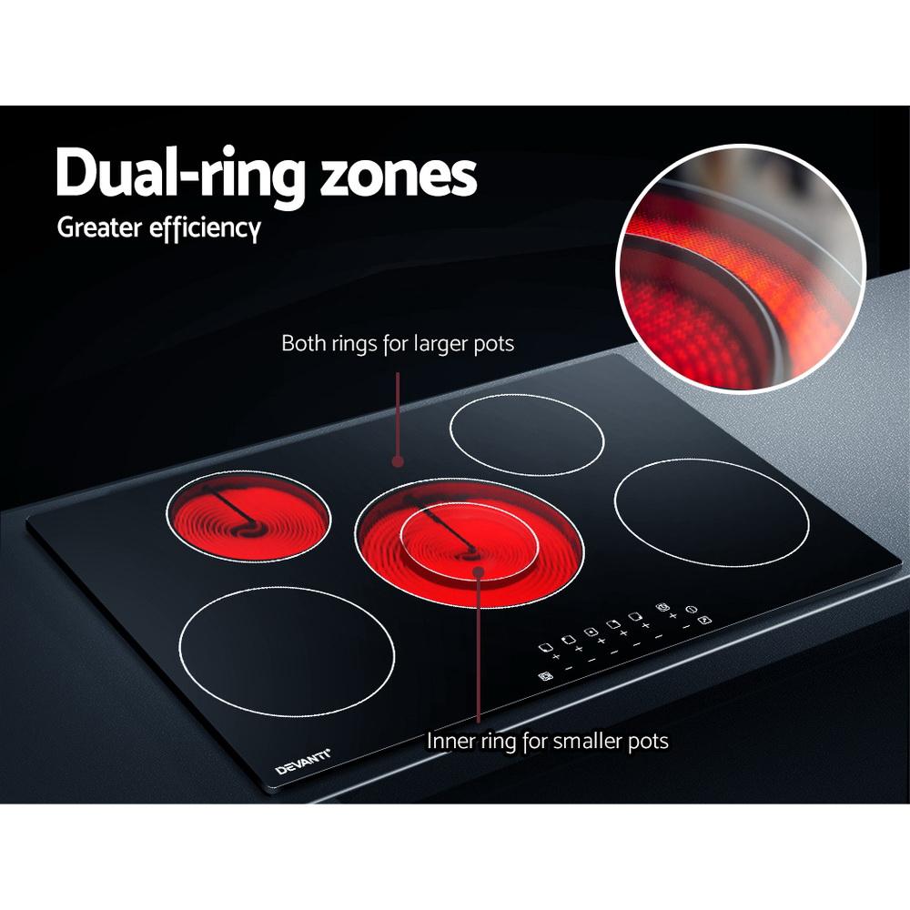 Devanti 90cm Ceramic Cooktop featuring 5 burners and a sleek black glass surface, designed for efficient and safe cooking.