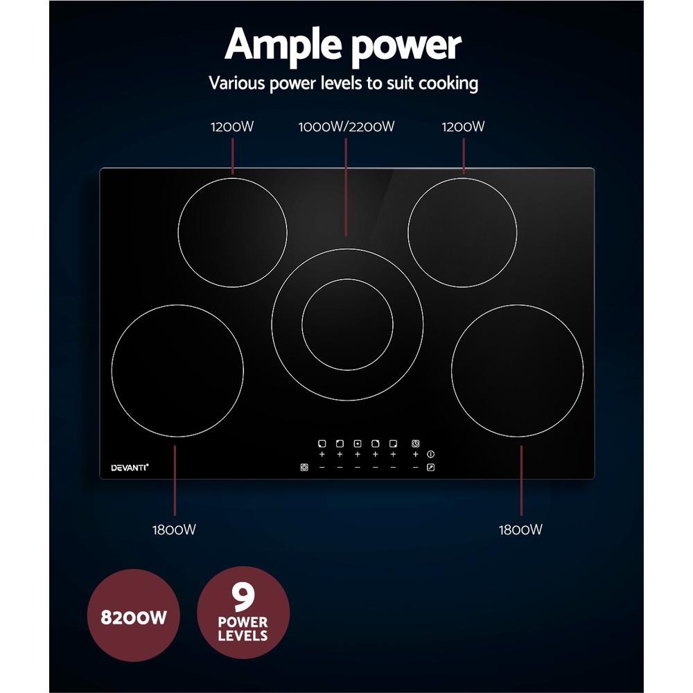 Devanti 90cm Ceramic Cooktop featuring 5 burners and a sleek black glass surface, designed for efficient and safe cooking.