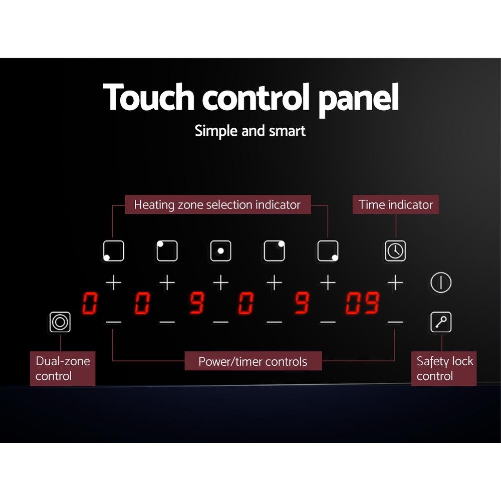 Devanti 90cm Ceramic Cooktop featuring 5 burners and a sleek black glass surface, designed for efficient and safe cooking.