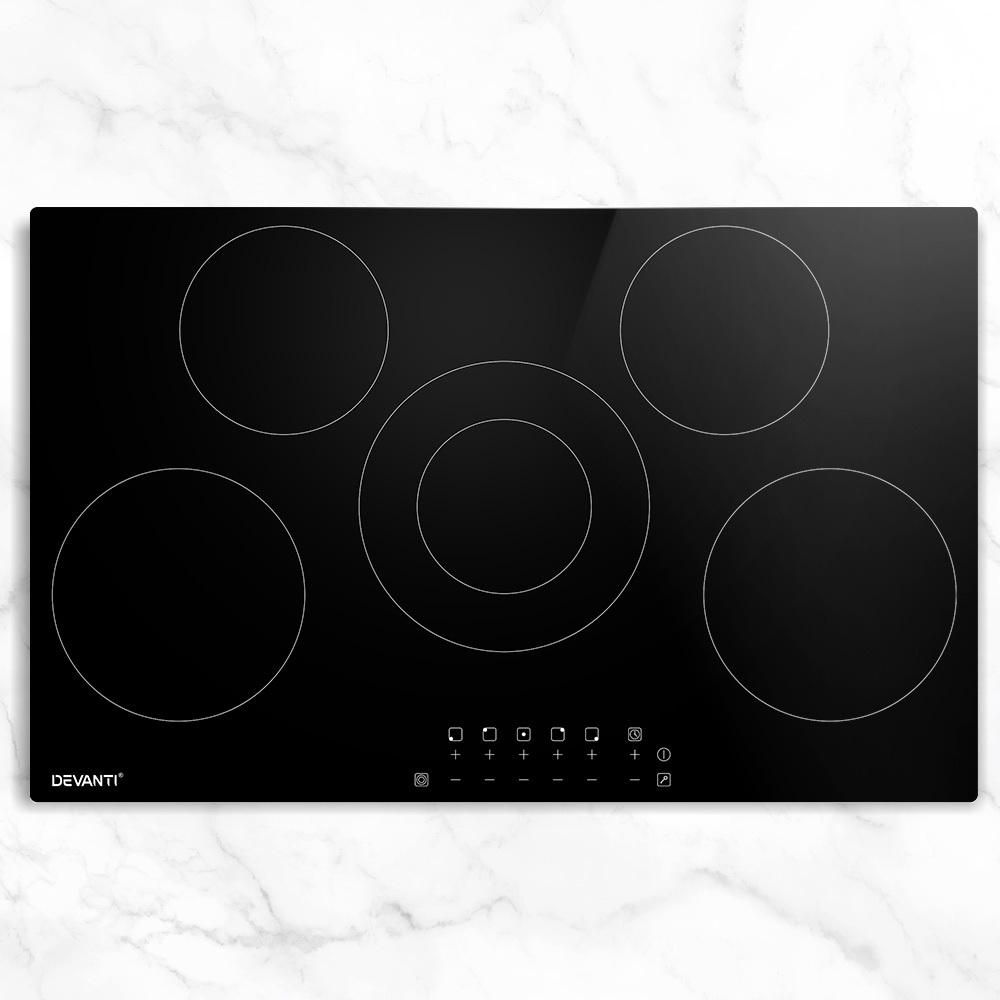 Devanti 90cm Ceramic Cooktop featuring 5 burners and a sleek black glass surface, designed for efficient and safe cooking.
