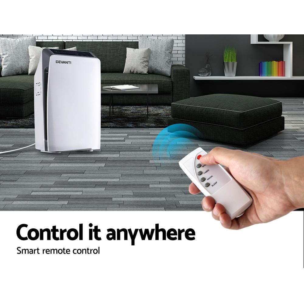 Devanti Air Purifier with HEPA filter and remote control, designed for cleaner indoor air.