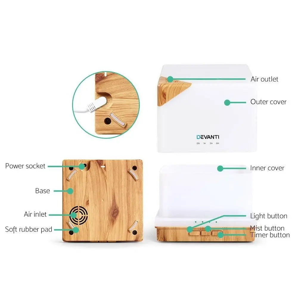 DEVANTi Aroma Diffuser Air Humidifier with light wood grain design, showcasing its sleek and modern appearance.