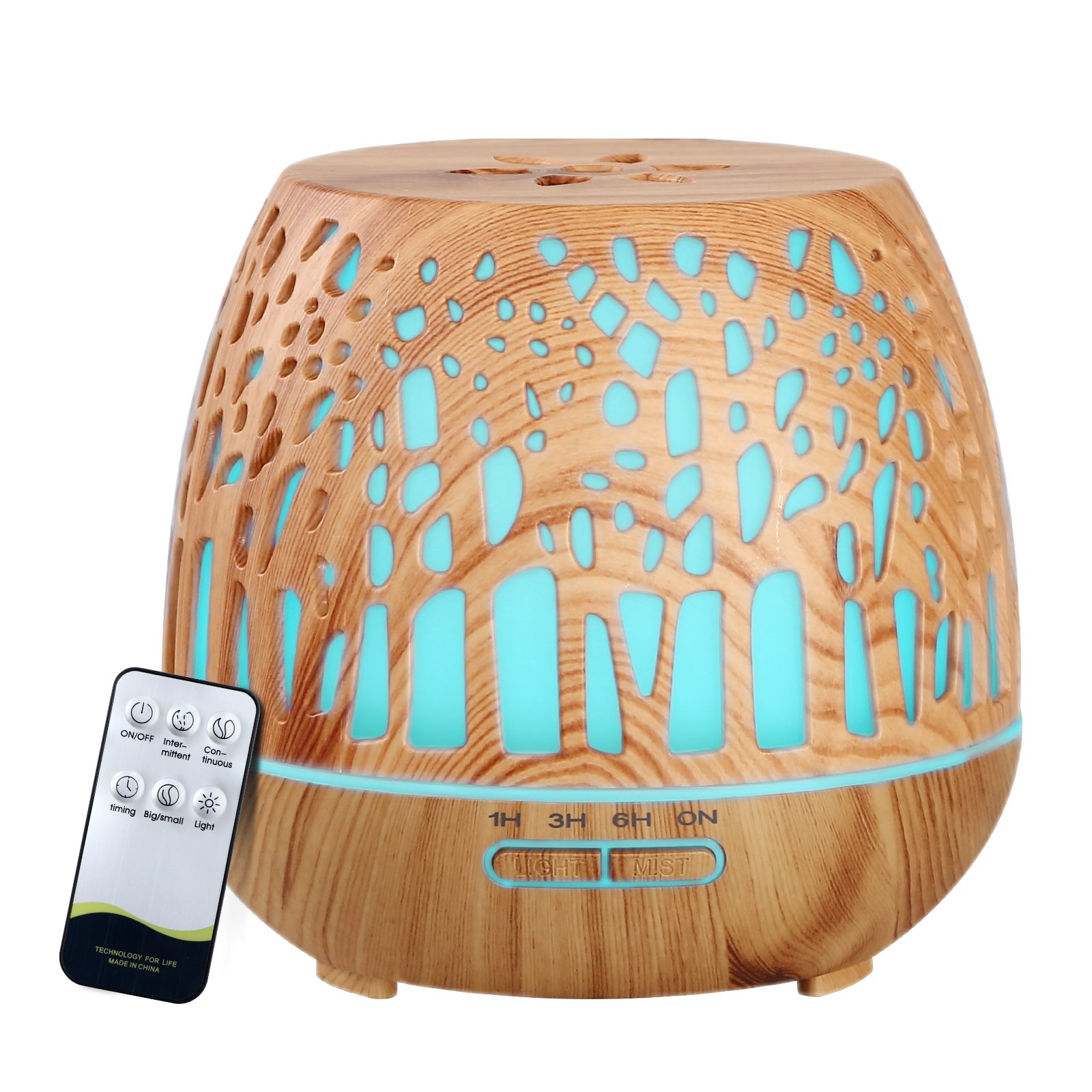 Devanti Aroma Diffuser with woodgrain finish and enchanted forest pattern, showcasing its sleek design and LED light features.