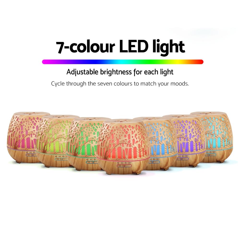 Devanti Aroma Diffuser with woodgrain finish and enchanted forest pattern, showcasing its sleek design and LED light features.