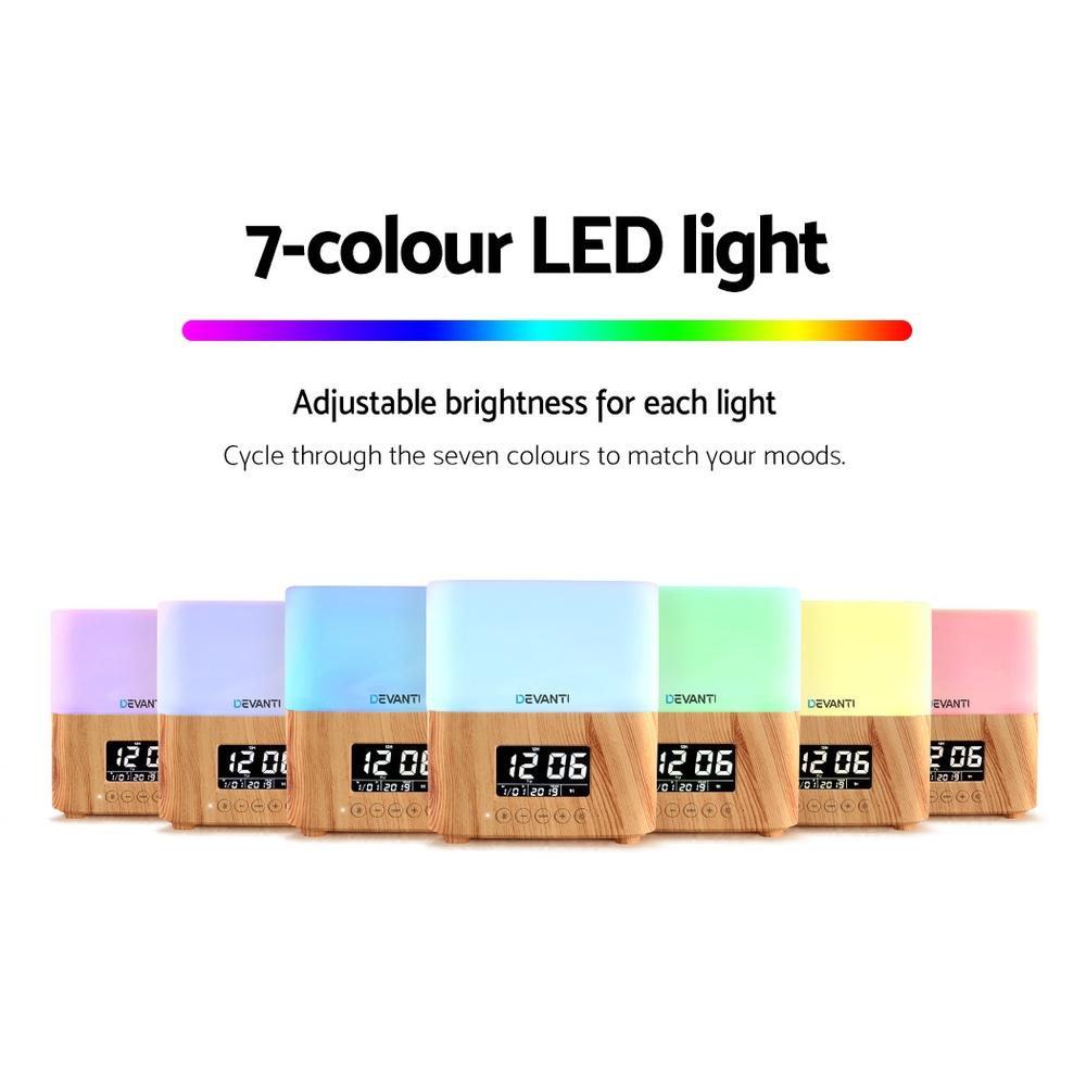 Devanti Aroma Diffuser in light wood grain design, showcasing its sleek and modern look with LED lights.