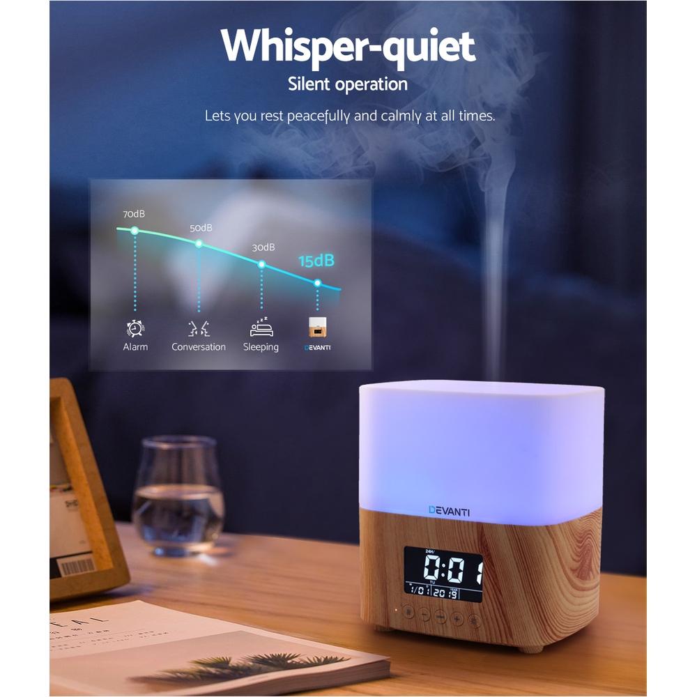Devanti Aroma Diffuser in light wood grain design, showcasing its sleek and modern look with LED lights.