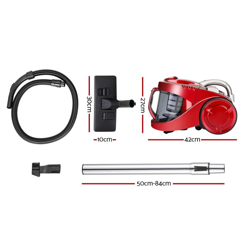 Devanti Bagless Vacuum Cleaner in red with HEPA filter and multi-cyclonic system, showcasing its sleek design and accessories.