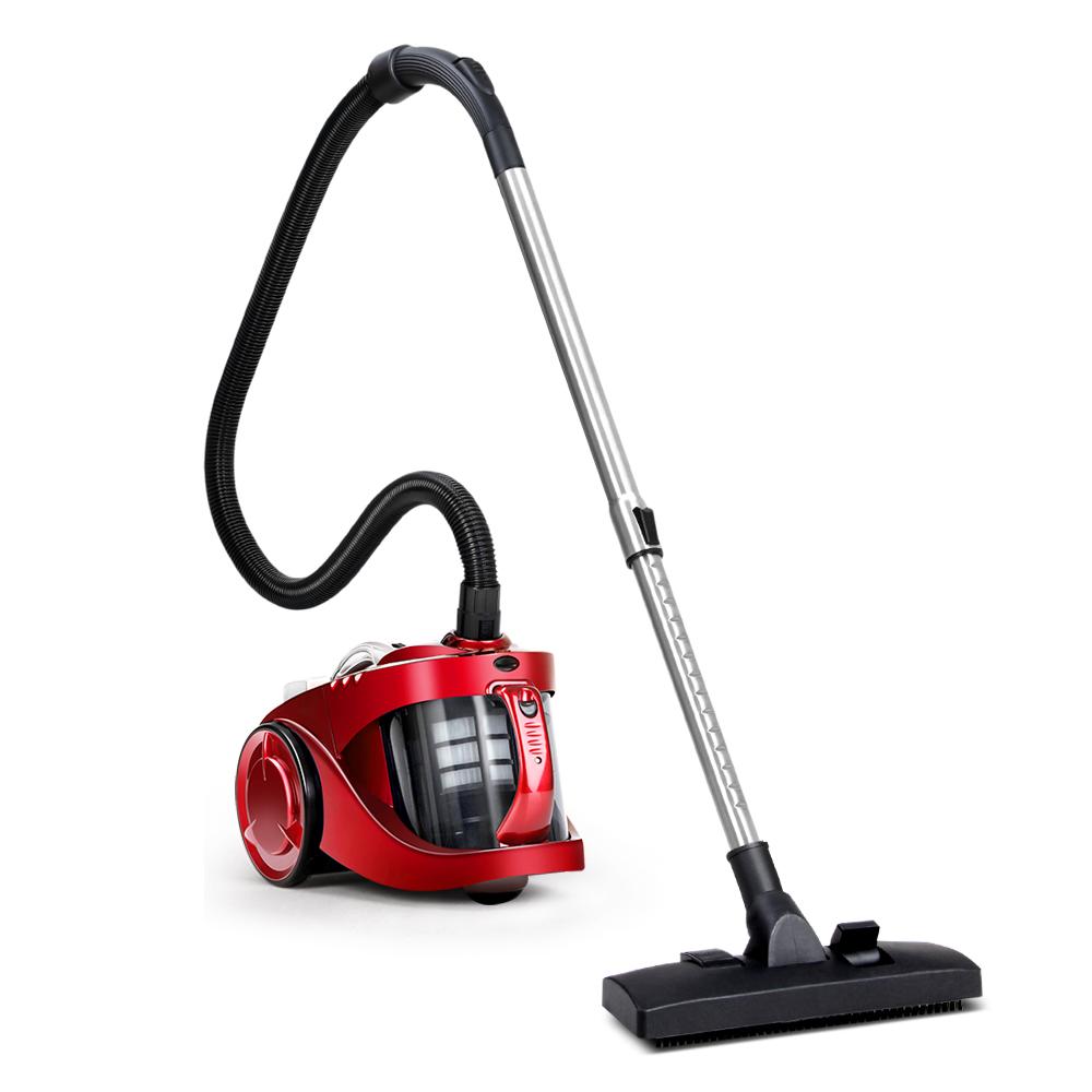 Devanti Bagless Vacuum Cleaner in red with HEPA filter and multi-cyclonic system, showcasing its sleek design and accessories.