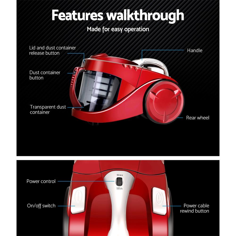 Devanti Bagless Vacuum Cleaner in red with HEPA filter and multi-cyclonic system, showcasing its sleek design and accessories.