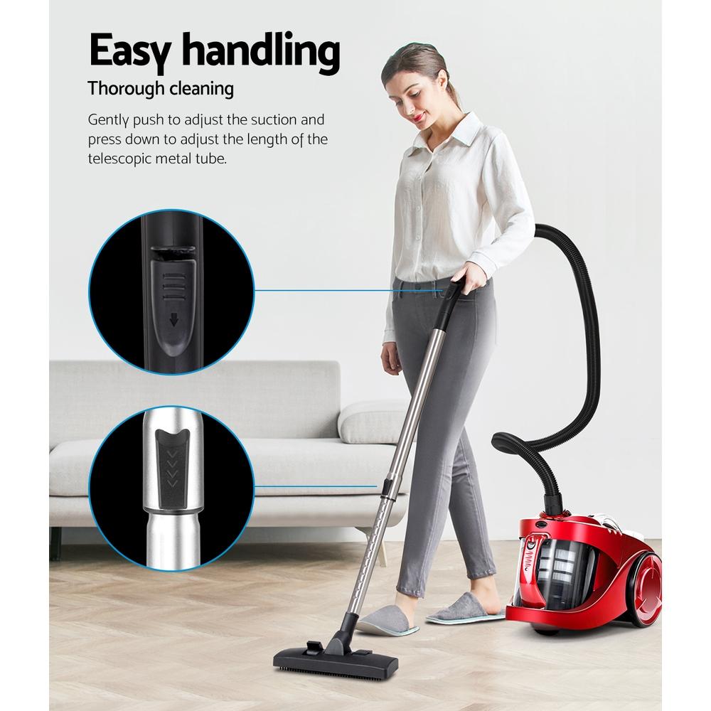 Devanti Bagless Vacuum Cleaner in red with HEPA filter and multi-cyclonic system, showcasing its sleek design and accessories.