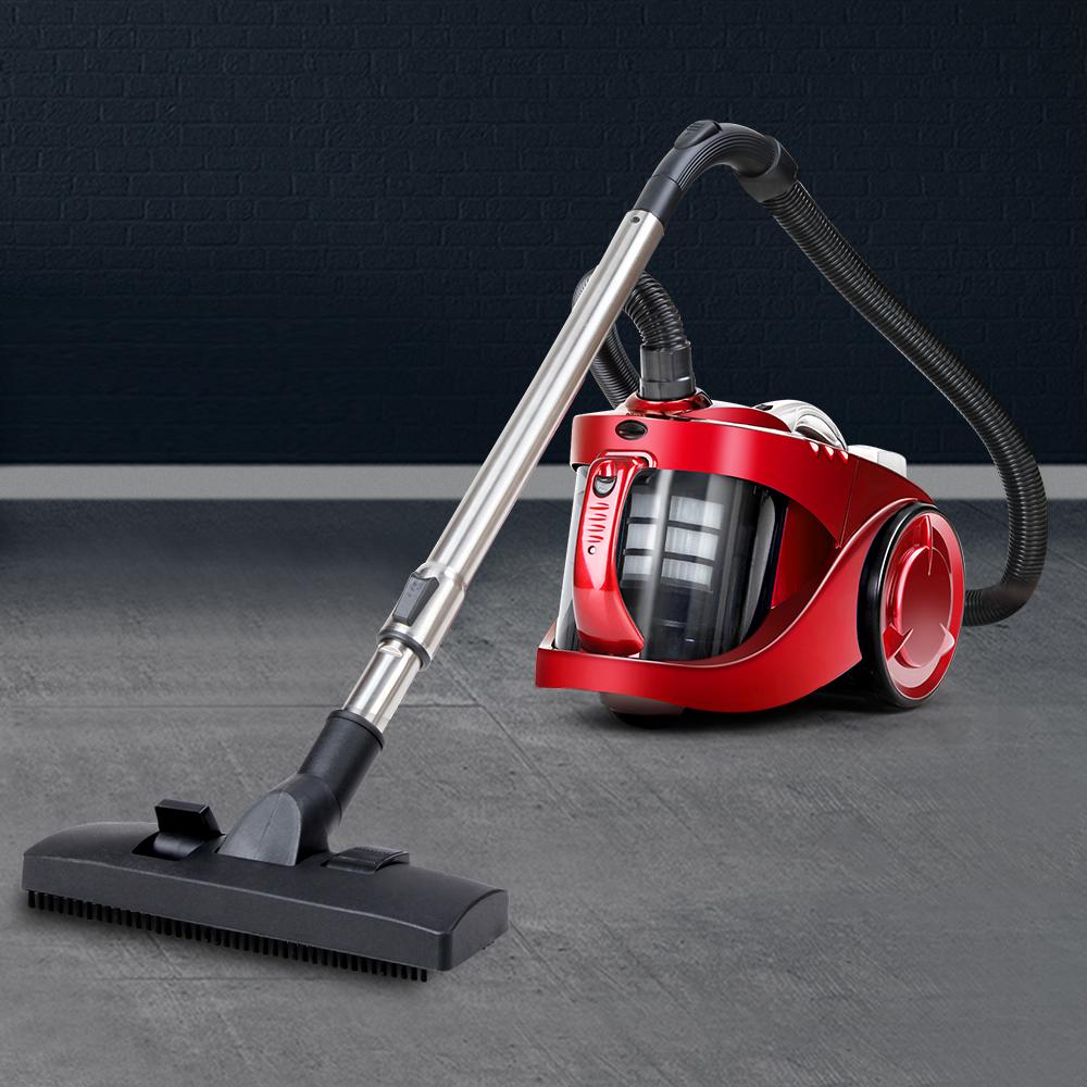 Devanti Bagless Vacuum Cleaner in red with HEPA filter and multi-cyclonic system, showcasing its sleek design and accessories.