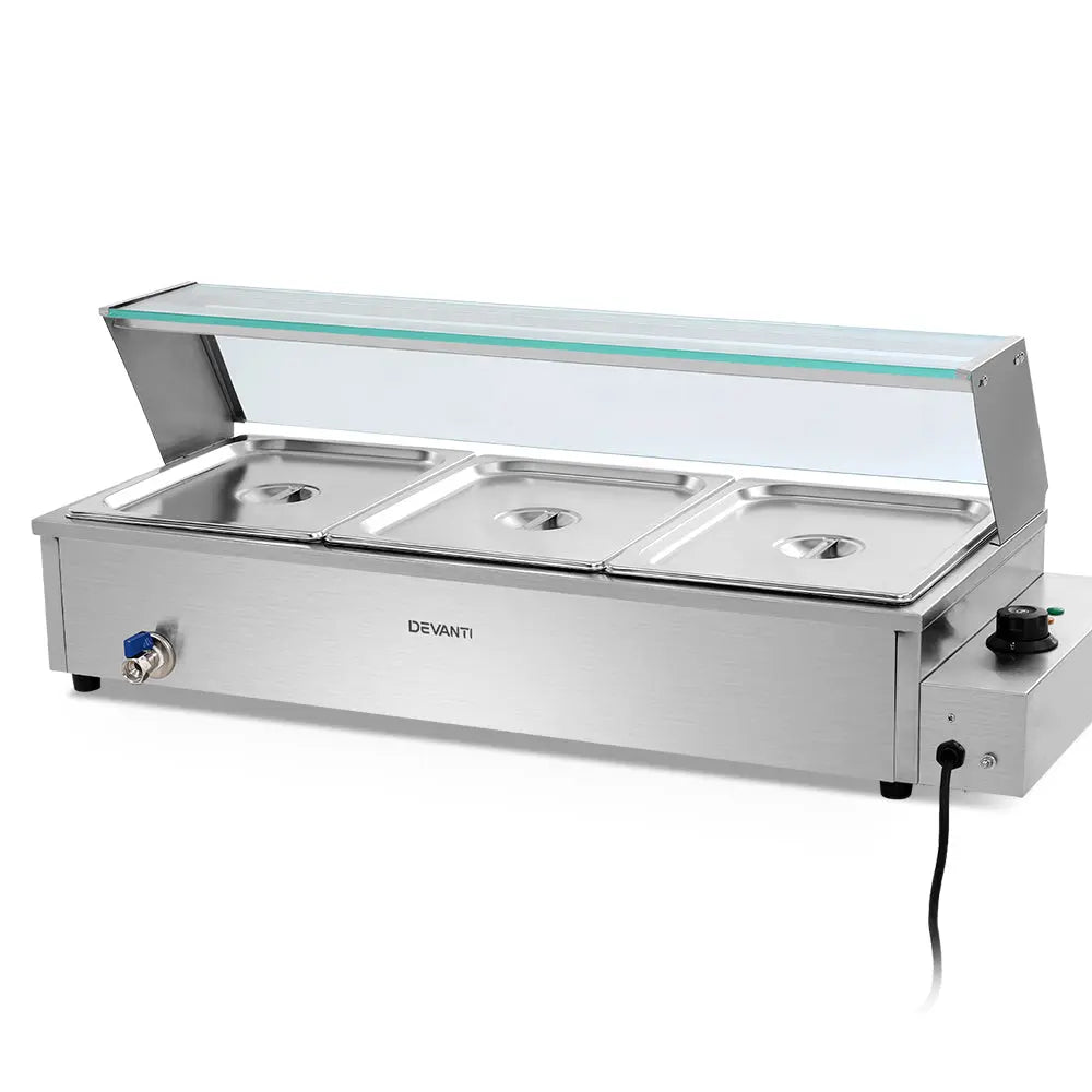 Devanti Commercial Food Warmer Bain Marie with three stainless steel pans and tempered glass doors, designed for buffet and catering use.