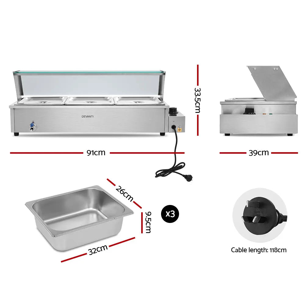 Devanti Commercial Food Warmer Bain Marie with three stainless steel pans and tempered glass doors, designed for buffet and catering use.